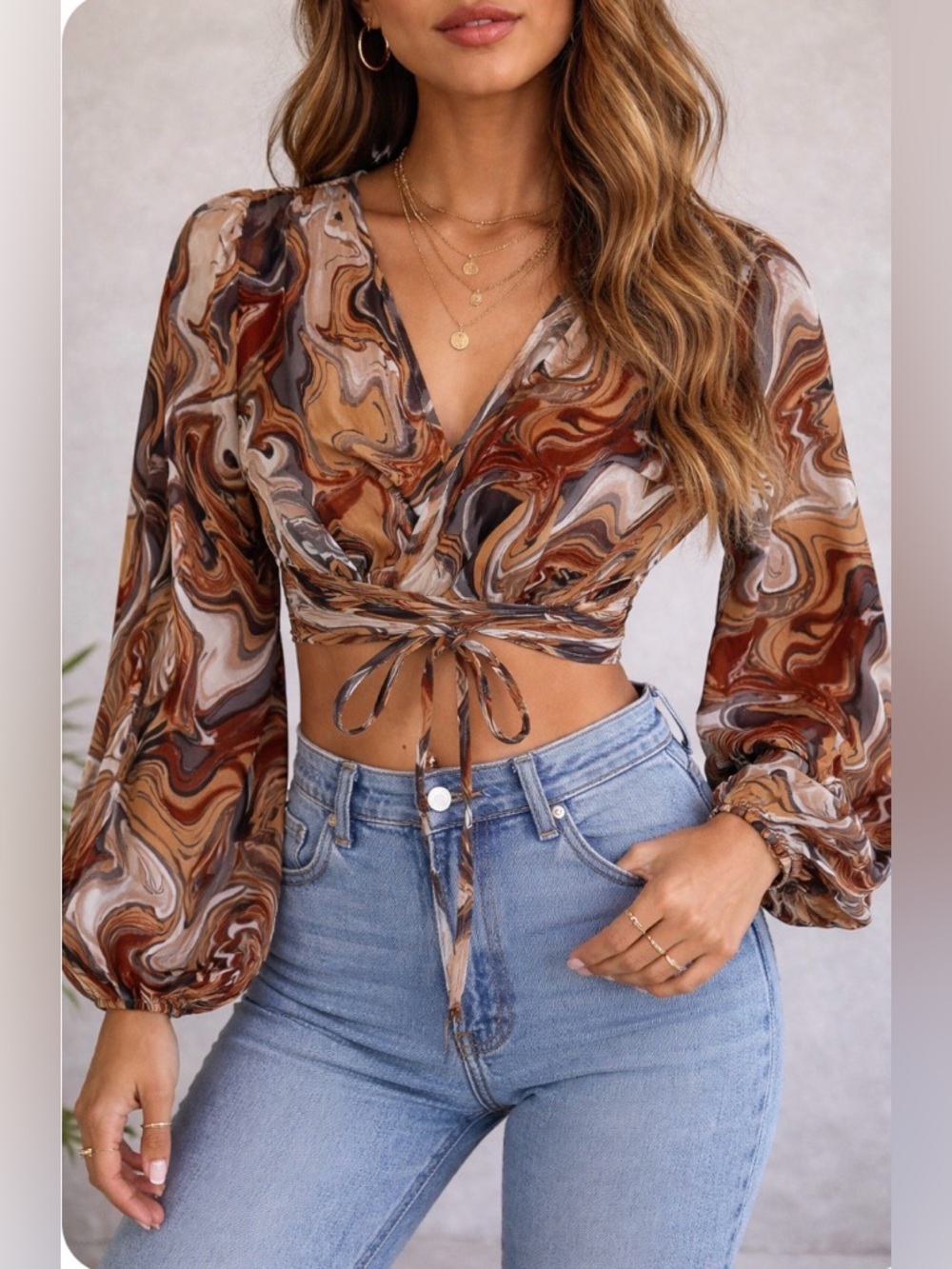 Rabbit Rose Brown Swirl Boho Crop Wrap Top S 70s Retro ☮️